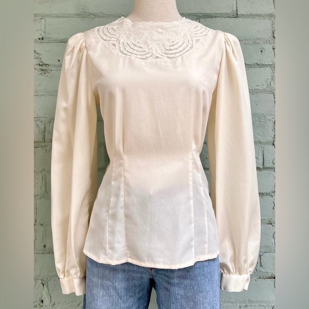 Vintage Cream Long Sleeve Blouse with Lace Neckline